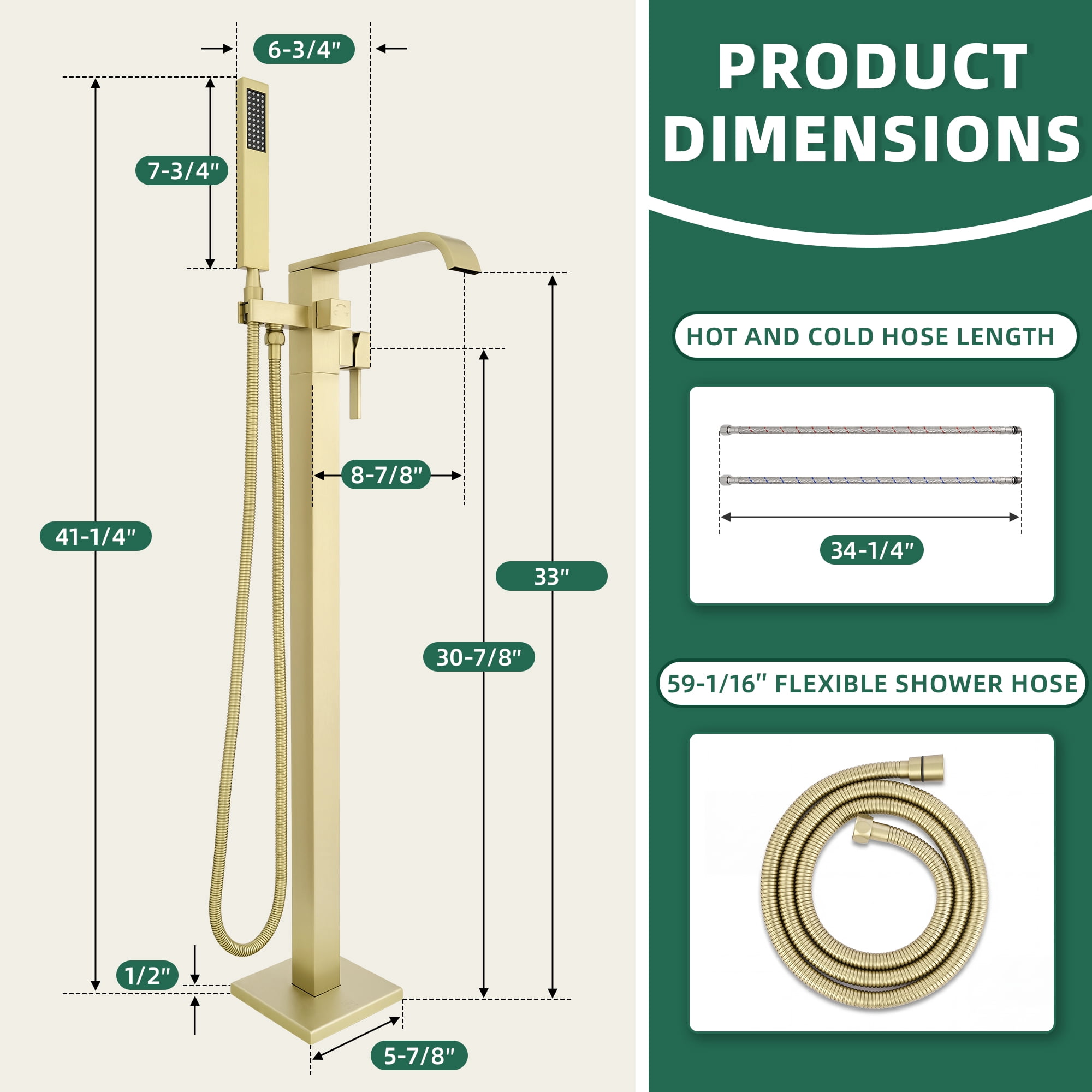 Free Standing Tub Faucet, High Flow Freestanding Bathtub Faucet with Waterfall Spout & Handheld Shower, 360°Swivel Tub Filler, Brass Body, Brushed Gold