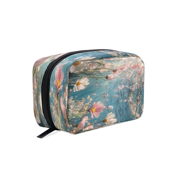 BZSMCE Makeup and Cosmetic Bag Women Simple Pink Flowers and Daisies Pattern Square Cosmetic Bag