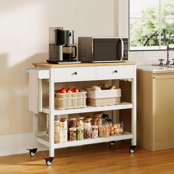 XPOPR Kitchen Island Cart on Wheels with 40'' Wood Tabletop, 2 Open Tiers Spacious Storage Shelves and Towel Rack, Rolling Utility Cart with 3 Side Hooks and 2 Drawer for Dining Room, Bar, White