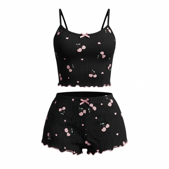 Fewfanhot Pajamas for Women Set Cami Pajamas Set Cute Print Lace Trim Cami Top and Shorts Ribbed Cute Sleepwear