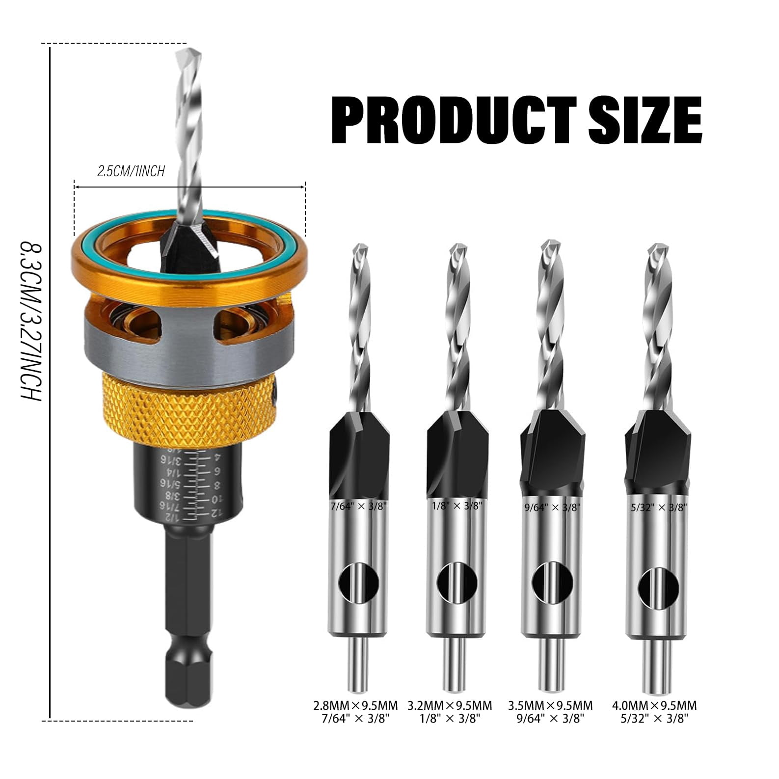 4-Piece Countersink Drill Bit Set – M2 HSS Pilot Bits with Adjustable Depth Stop, HCS Sharp Blades, 82° Imperial Standard for Wood, Aluminum & Non-Ferrous Metals