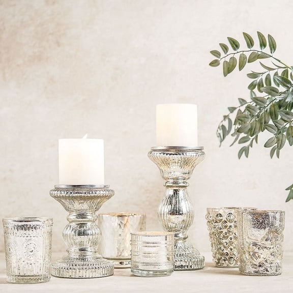 Lillian Vernon Mercury Glass Pillar Candles - Matching, Set of 2, 3 1/2"H x 3" diameter