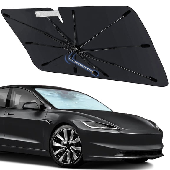 Windshield Sun Shade Umbrella for Tesla Model 3 2018-2026, Foldable Car Sunshade for Front Window with 360° Rotating Shaft, Custom-Fit Parasol para Carro for UV Blocking & Heat Reduction