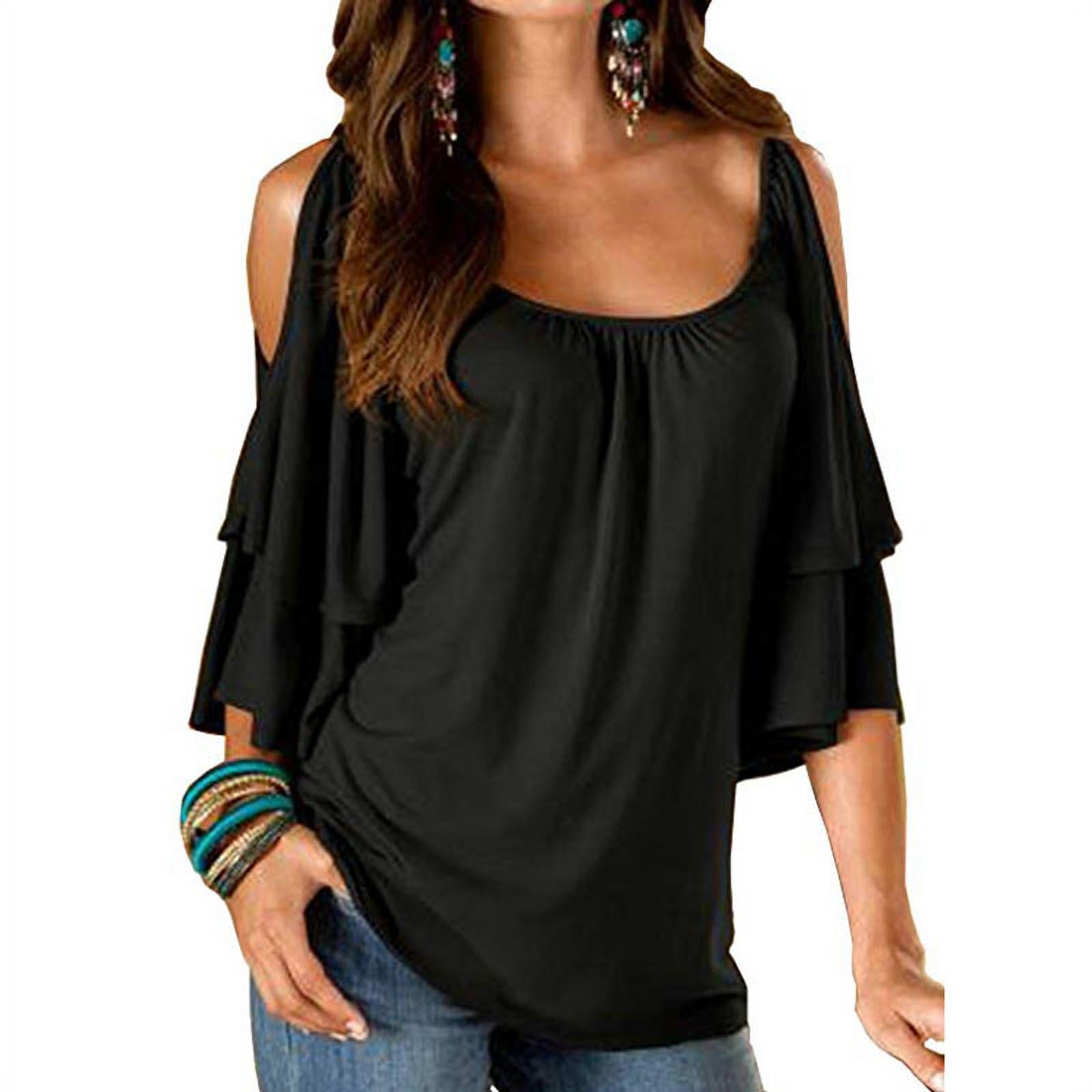 Women's Summer Cold Shoulder Ruffle Sleeve Loose Stretch Tops Tunic Blouse  Shirt - Walmart.com