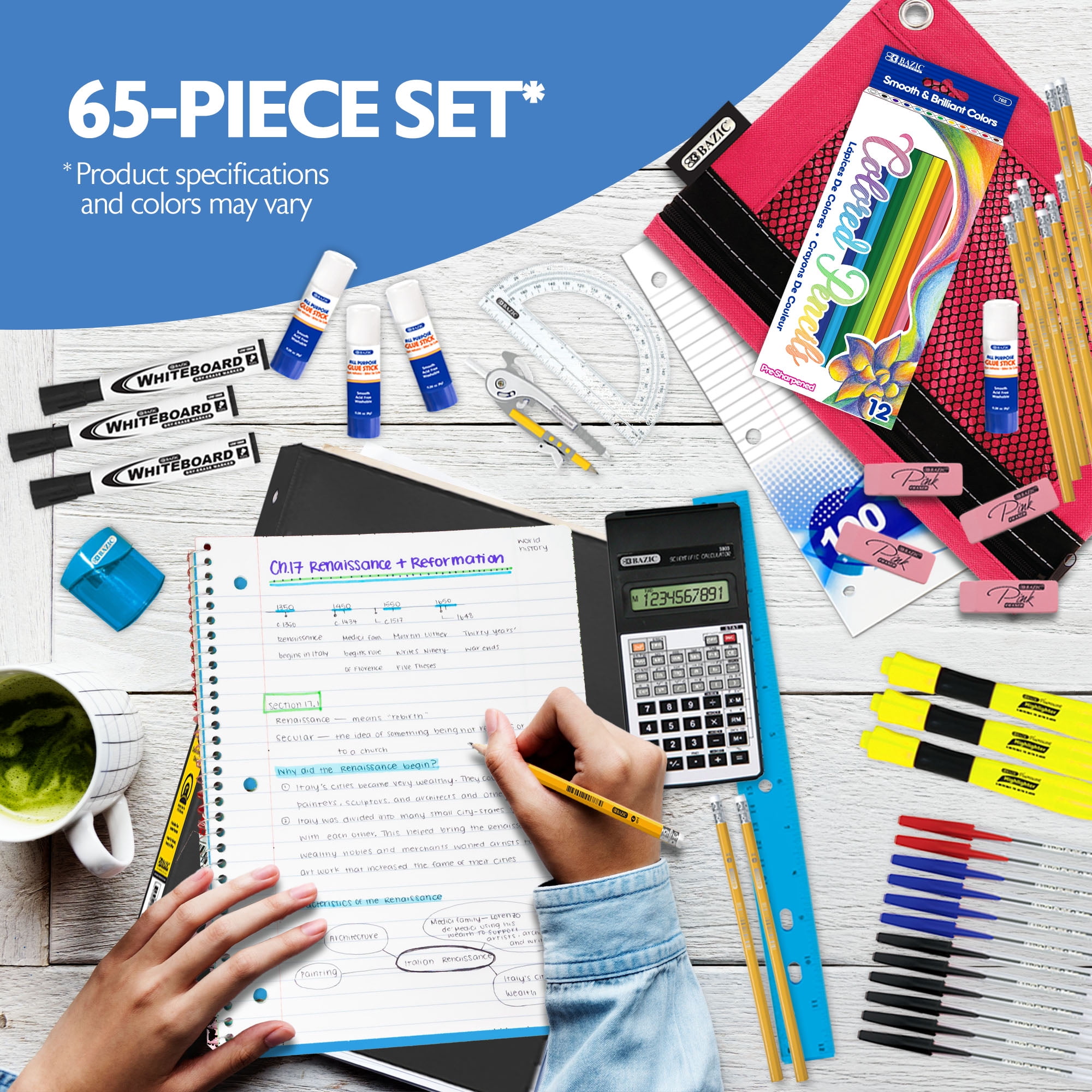 BAZIC Middle High School Kit Bundle Supplies Box 65 Count for Student 7-12 Grades, Bazic Products School Supplies Composition Books Binder and more, SPEC MAY VARY, 1-Pack