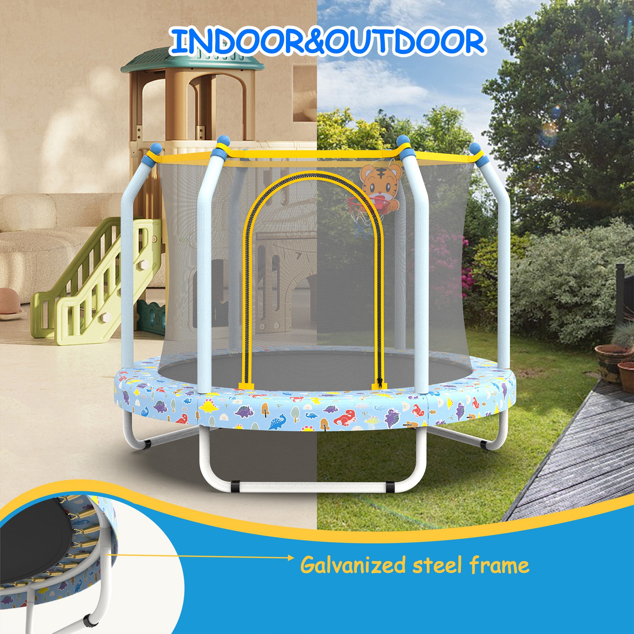55" Toddler Trampoline with Enclosure Net, SHINPT Child's Mini Trampoline with Basketball Hoop, Round Recreational Tranpolines for Birthday Gifts, Kids Trampoline for Aged 3-6, Indoor & Outdoor