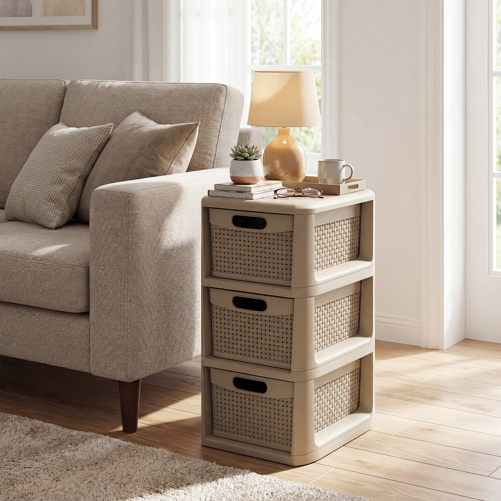 Costway 1 PCS 3-Drawer Storage Cabinet with Wicker Patterns, Handles for Bedroom, Bathroom Tan