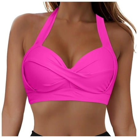TTUHYWXI Women Halter Bikini Top Push Up Swimsuit Top Retro Swim Top Twist Front Bathing Suit Top Only Hot Pink L