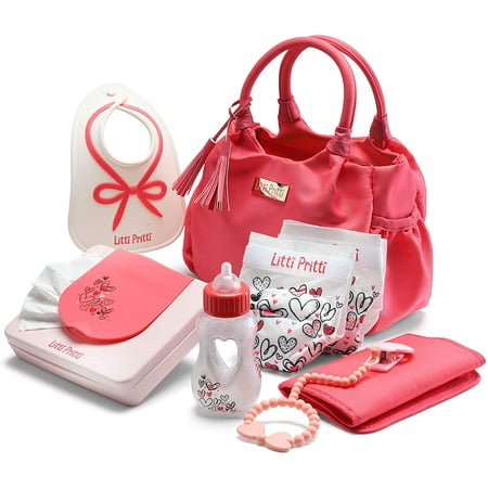 Litti Pritti Baby Doll Accessories - Premium Pink Diaper Bag Set - Ideal Playtime Playset for Baby Dolls