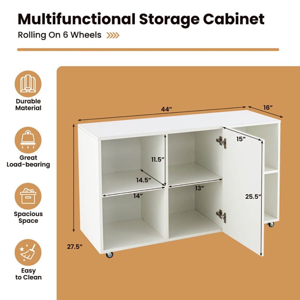 Finihen Storage Cabinet, Wood Storage Cabinet with Wheels and 6 Compartments, for Living Room, White