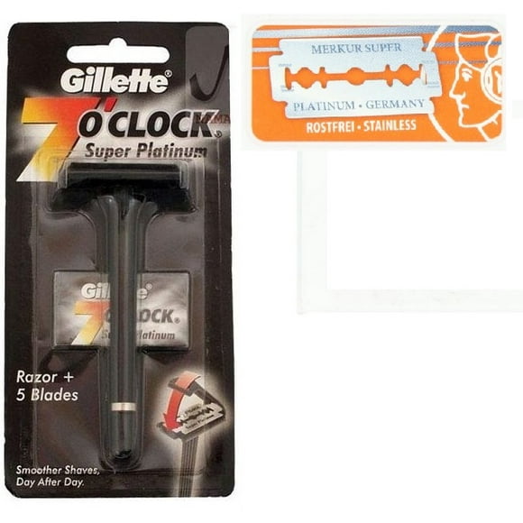 Gillette 7 O'Clock Super Platinum Safety Razor w/ 5 Blades + Merkur Double Edge Safety Razor Blades 10 ct. (Pack of 1)