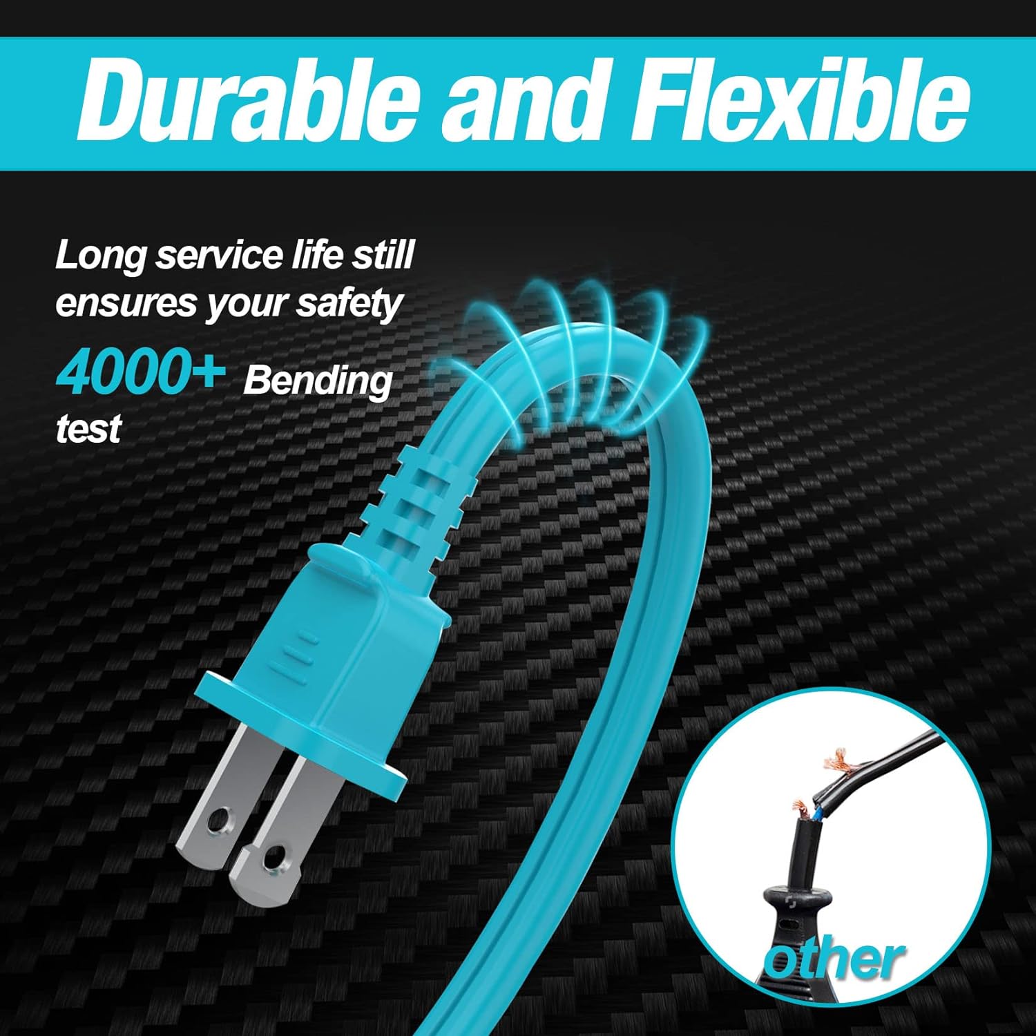 DURATECH 16 Gauge 12 Ft Indoor Extension Cords, 3-Outlet Power Strip- 2 Prong, with Safety Cap, Perfect for Home, Office or Kitchen, Blue, 2 Pack