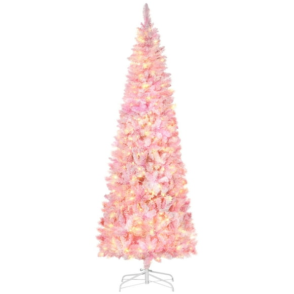 HOMCOM 7.5 Foot Pencil Snow Artificial Christmas Tree with LED light, Pink