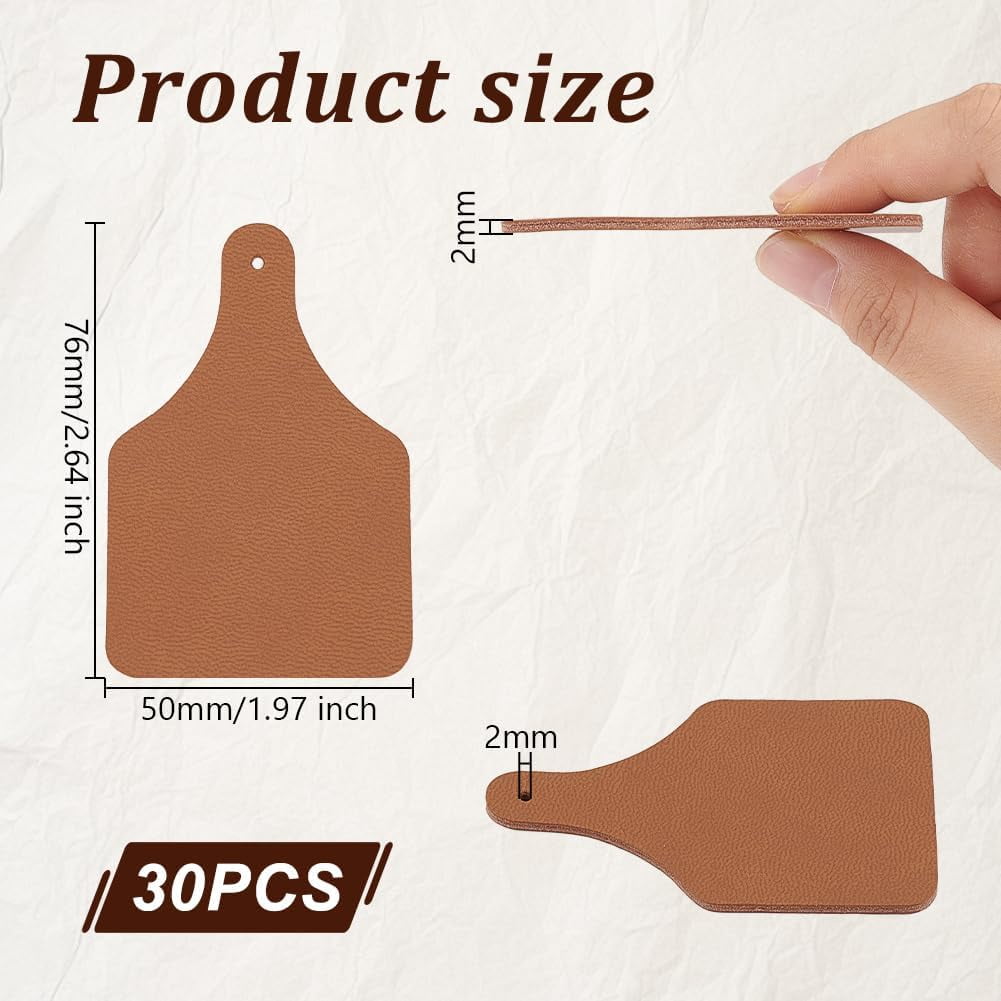 30pcs Leather Tags 3x2 Inch Genuine Leather Labels 2mm Thick Leather Blank Cow Ear Tag with 2mm Hole Dark Brown Cowhide Leather Labels for Clothes Jeans Hats Accessories DIY Jewelry Crafts
