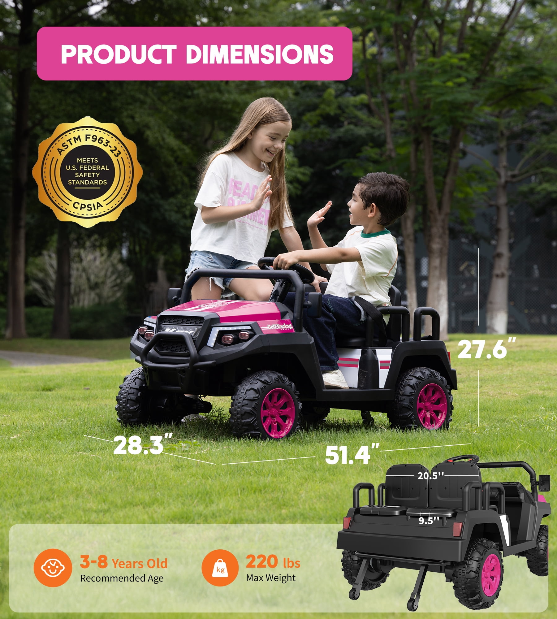 SaveJoy 24V 4 Seater Powered Ride on Car with Parent Remote Control, Electric Car Ride on Toys, Ages 3-8 Gifts, Pink