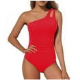 thumbnail image 2 of YTCAMLO Sleeveless One Shoulder Women's One Piece Swimsuit Trendy Solid Color Tummy Control Bathing Suits Full Coverage Cutout Swimwear, Red L, 2 of 4