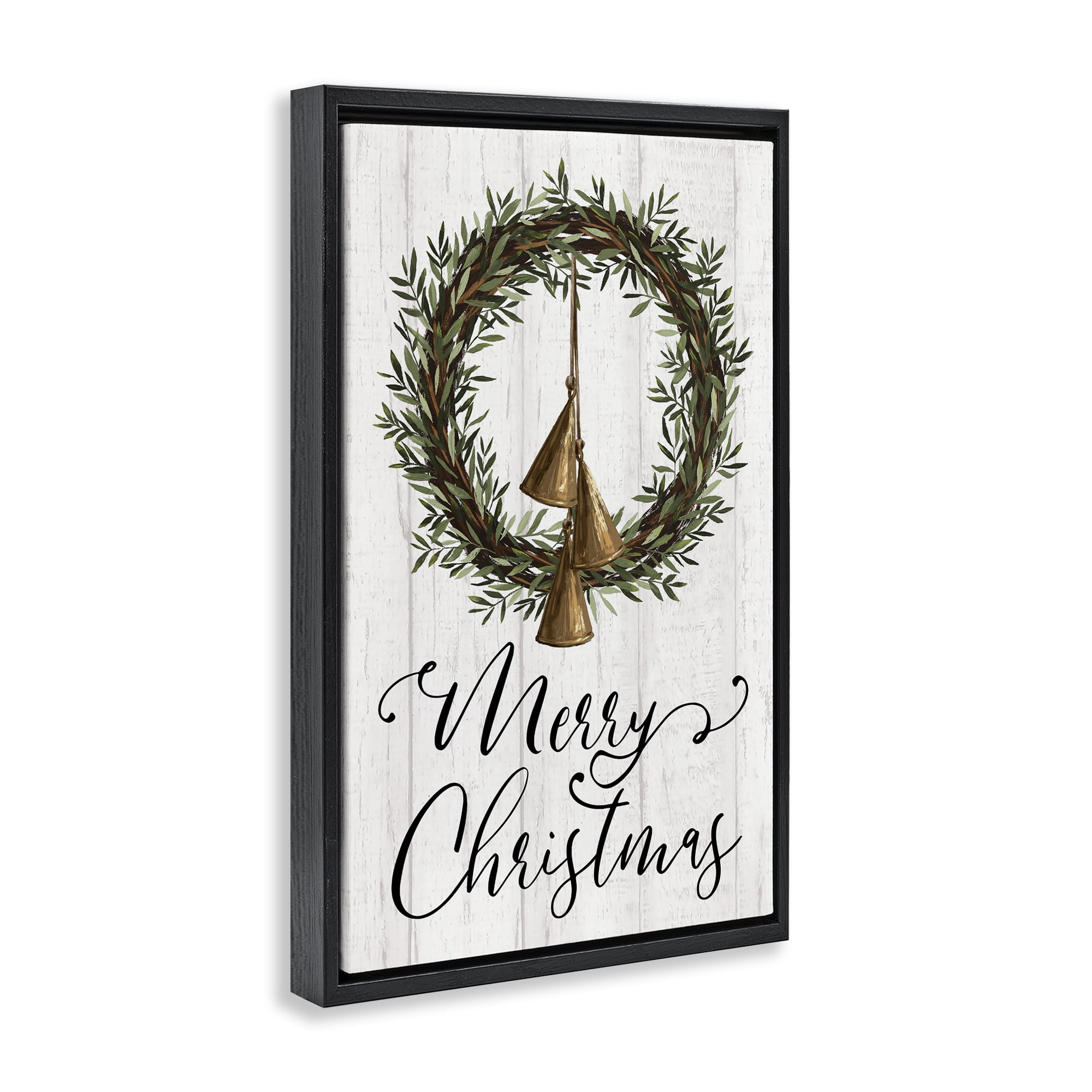 Stupell Industries Christmas Wreath & Bells Holiday Painting Black Floater Framed Canvas Art Prints Wall Art, 17 x 25