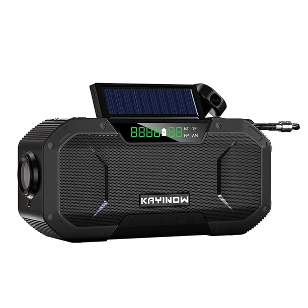 Radio de emergencia Altavoz Bluetooth a prueba de salpicaduras Radio portátil AM/FM con manivela solar con antorcha Lámparas de lectura LED Panel solar Banco de energía de 5000 MAH Radio dinamo para