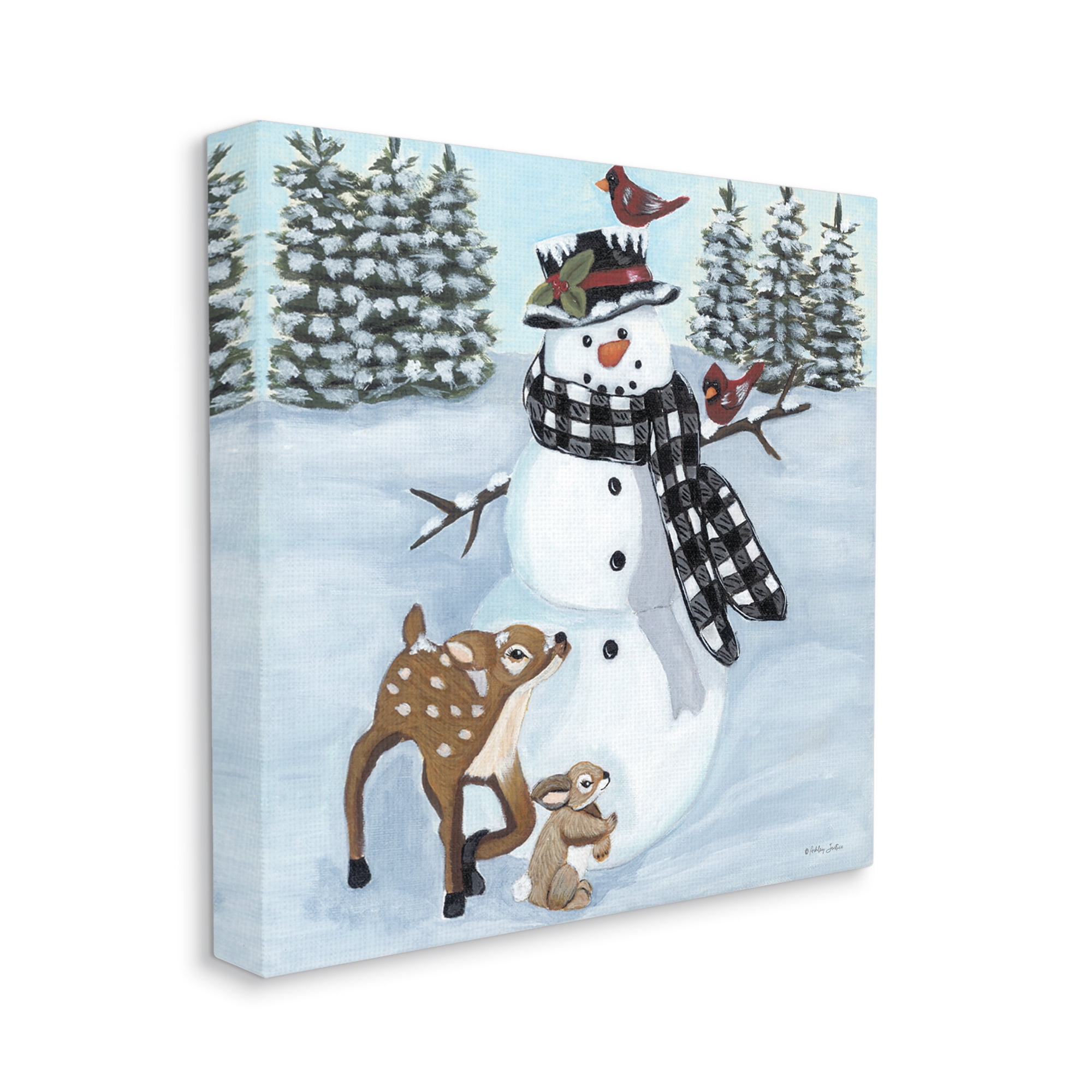 Niveous Snowman Trees Scenery Winter Animals Frolicking Animals & Insects Painting Gallery-Wrapped Canvas Print Wall Art