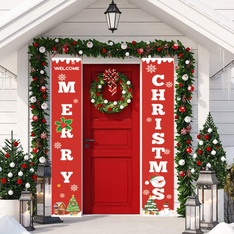 WAVEYU 2pcs Christmas Porch Sign Festival Decor Front Door Welcome Merry Christmas Banners Hanging Banner Xmas Decoration for Home Wall Indoor Outdoor Holiday Party Decor Black&Red 