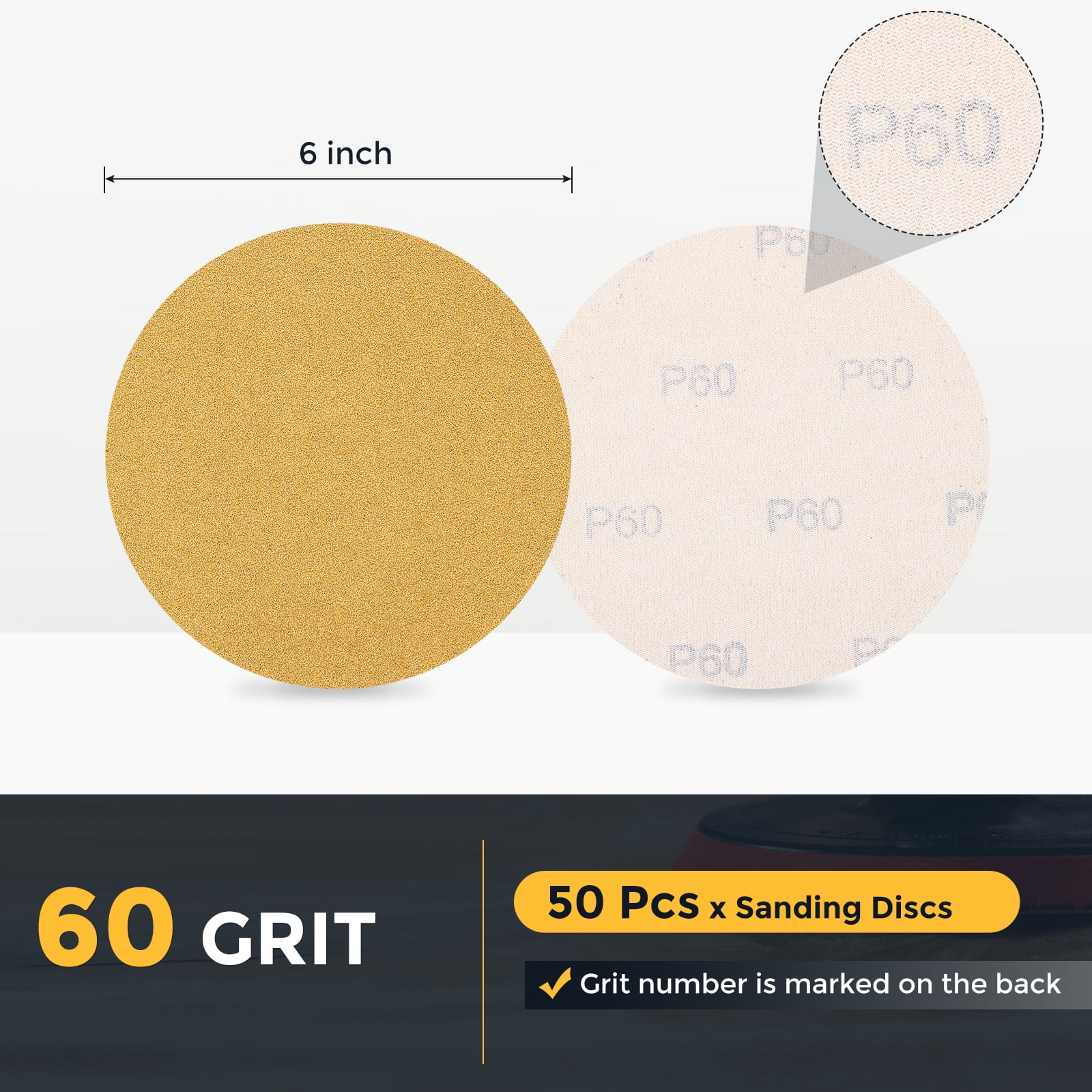 50 Pcs 6 Inch Sanding Disc 60 Grit Hook and Loop Sandpaper Random Orbital Sander Pads for Woodworking Automotive, Gold