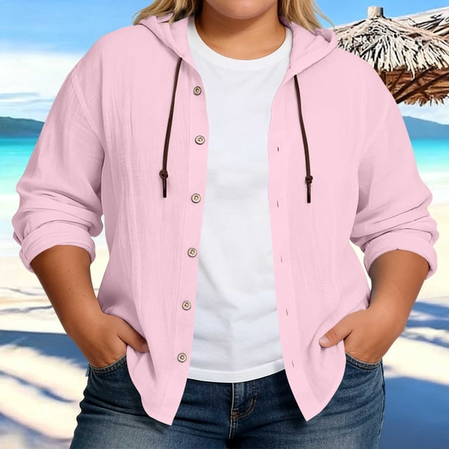 TaTaai Womens Plus Size Long Sleeve Hooded Top Cotton Linen Style Button Front Drawstring Casual Overshirt Loose Fit Gift