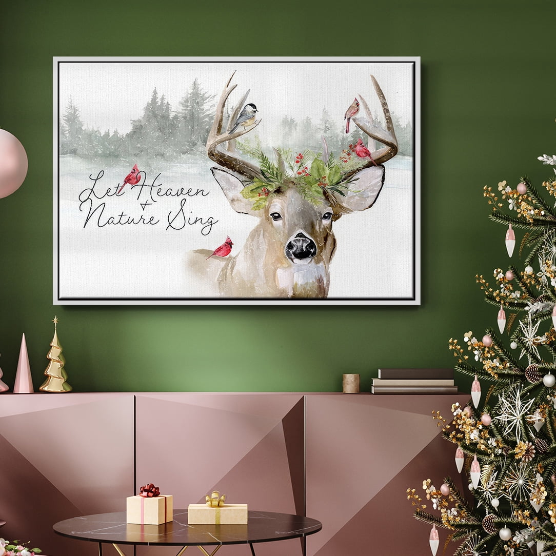 Holiday Deer Collection A - Framed Gallery Wrapped Holiday Canvas - 17 x 25 - White Frame