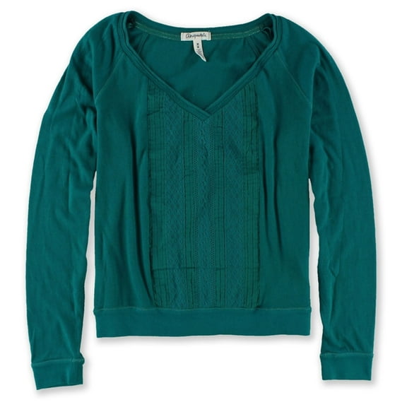 Aeropostale Womens Solid Ls Lattice Front Embellished T-Shirt, Green, Juniors, Medium