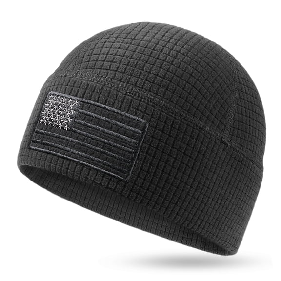 Grid Fleece Beanie with American Flag Embroidery Waffle Tactical Army Military Skull Cap