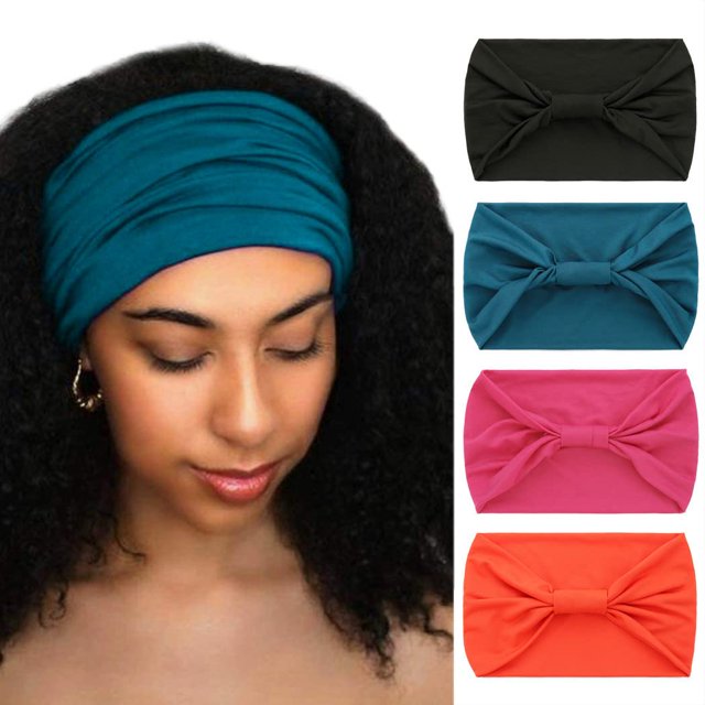 Woeoe Diademas Africanas, Diademas Anudadas, Color Negro, Para Yoga, Deporte, Pañuelo Ancho Y Elástico Para Mujeres Y Niñas (Paquete De 4)