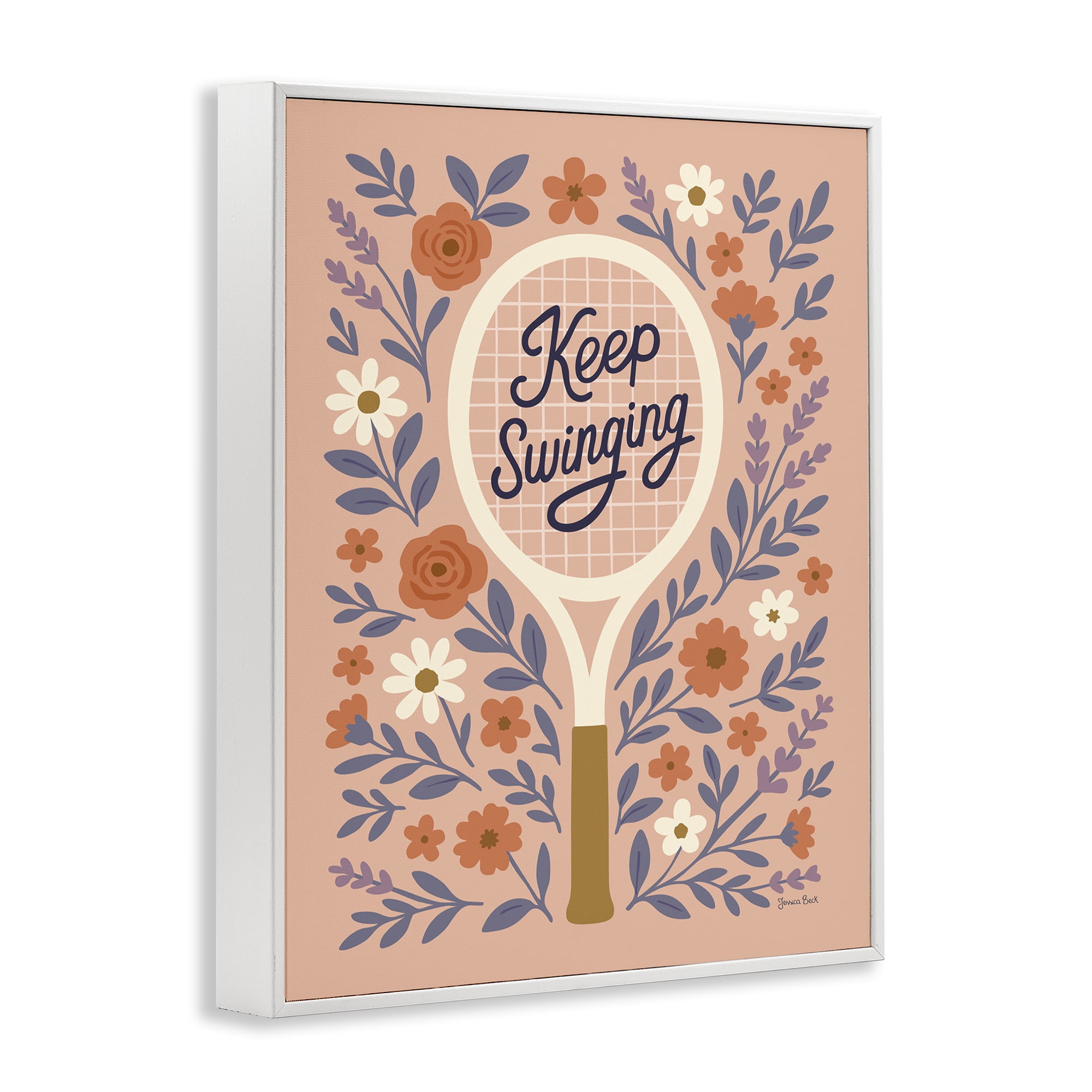 Stupell Industries Keep Swinging Floral Tennis White Framed Giclee Art, design by Jessica Beck