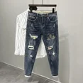 thumbnail image 3 of Pantalones vaqueros ajustados para hombre, pantalones ajustados para hombre, ajustados, con estampado de agujeros, con diamantes de imitación rotos, de algodón rasgado, 3 of 4