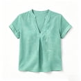 thumbnail image 5 of Yrmaups Loose Fit Short Sleeve T Shirt for Women, Casual V Neck Blouse, Breathable Linen Tee for Travel Office Home Daily Wear, Green XL, 5 of 5