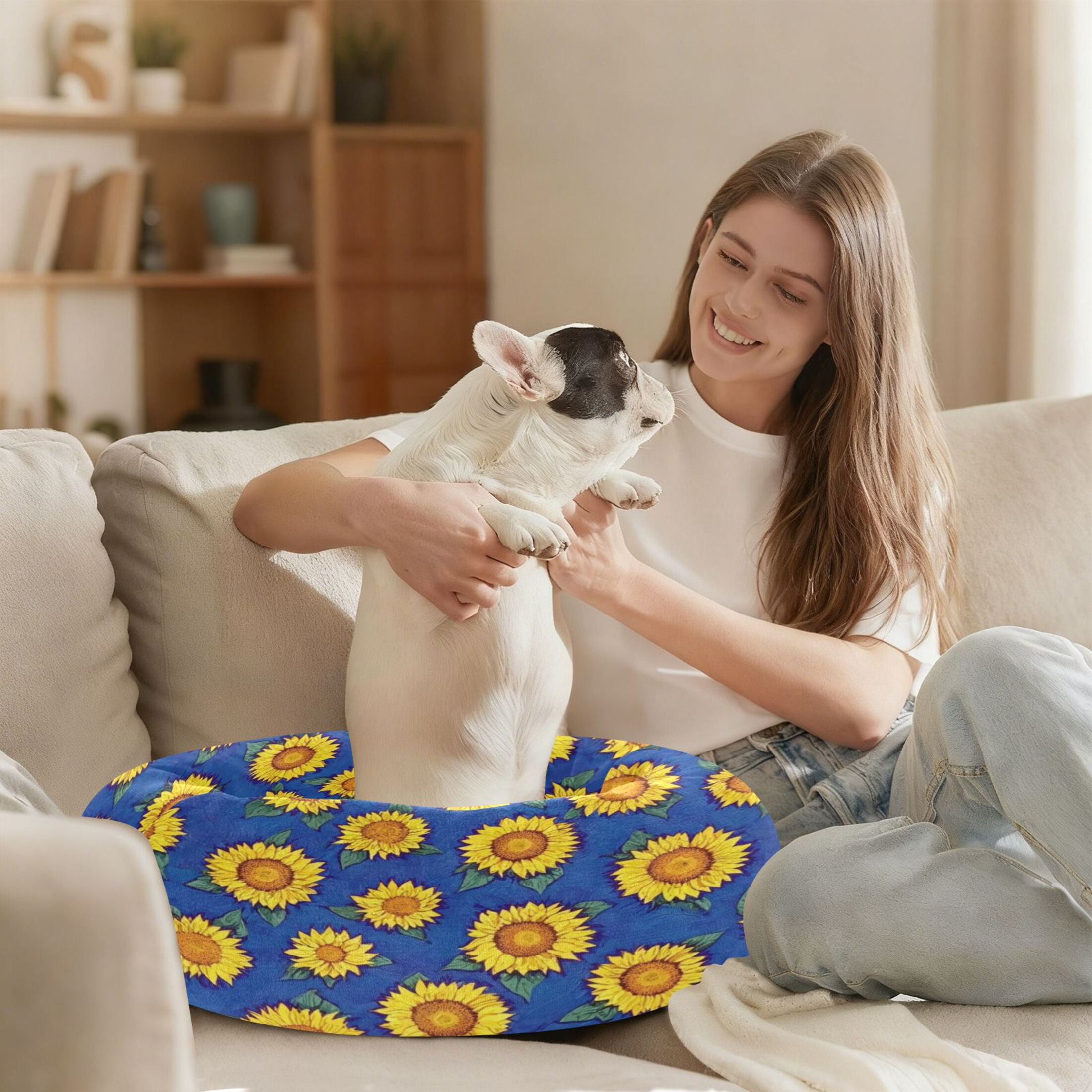 Iauyy Pet Couch Donut Cat Bed for Indoor Cats/Small Dogs Washable & Machine with Non-slip Bottom Calming Cat Furniture, Covered with Sunflowers (M)