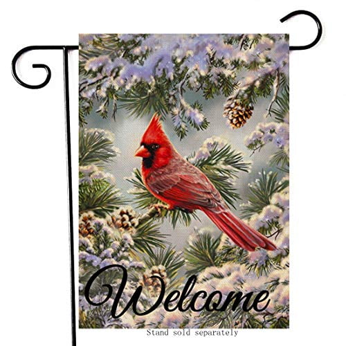 12x18 12"x18" Merry Christmas Cardinal Flowers Sleeved w/ Garden Stand Flag