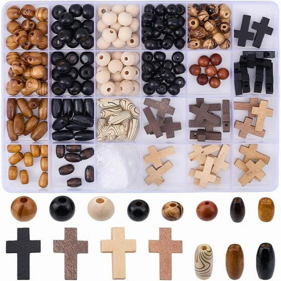1 Box 290Pcs Cross Wood Beads Kit Easter Wooden Cross Beads Crucifix Mini Crosses Cross Bead Charms Wooden Round Spacer Beads for Jewelry Making DIY Earrings Bracelet Rosaries Supplies