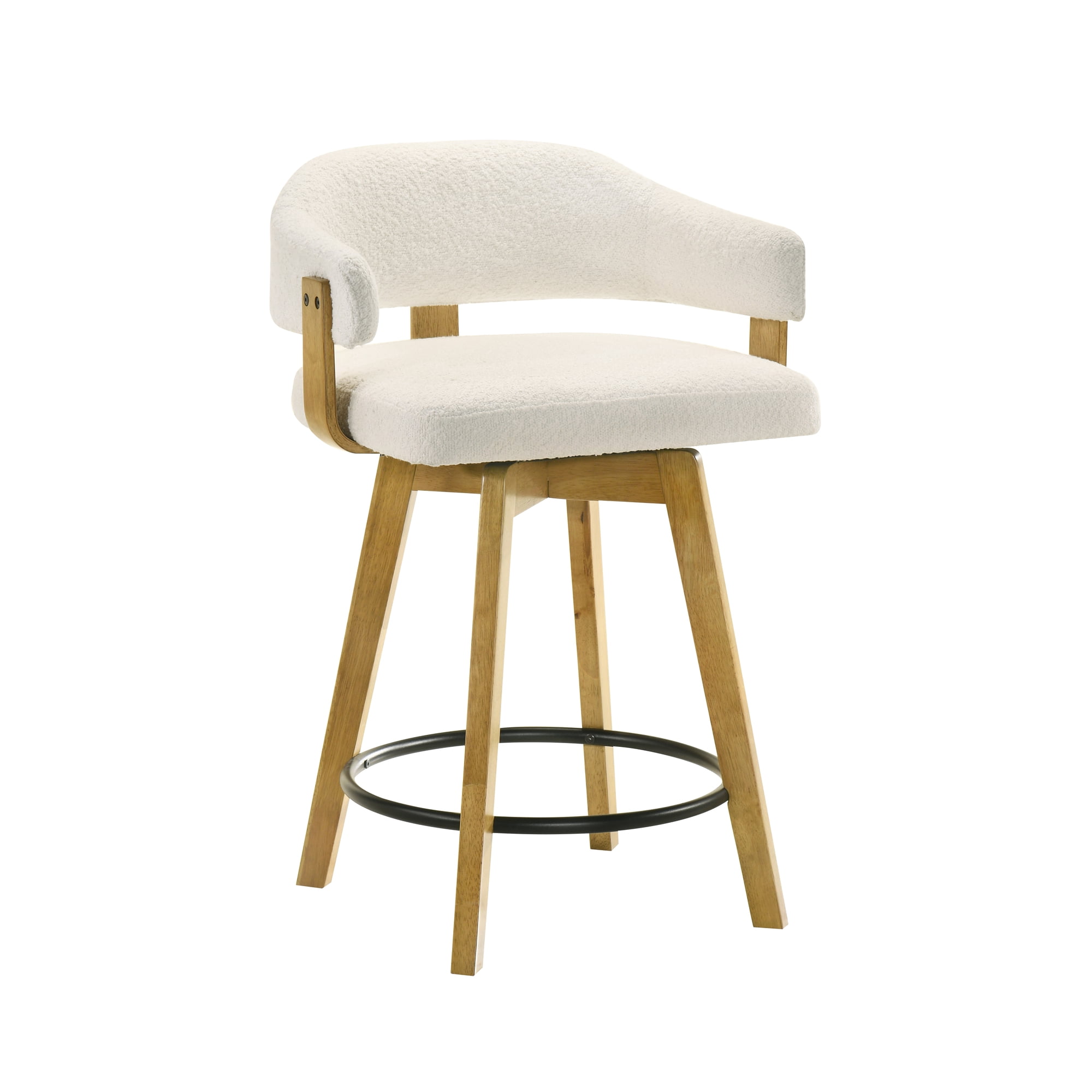 Callah Contemporary Natural Wood Counter Height Kitchen Bar Stool in Amber Glow Finish with White Boucle Fabric Upholstered Seat