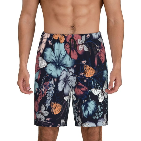 Naloa Flowers ad Butterflies Men's Short Pajama Pants, Lounge Comfort Shorts with Elasticized Waistband and Side Pockets - Small