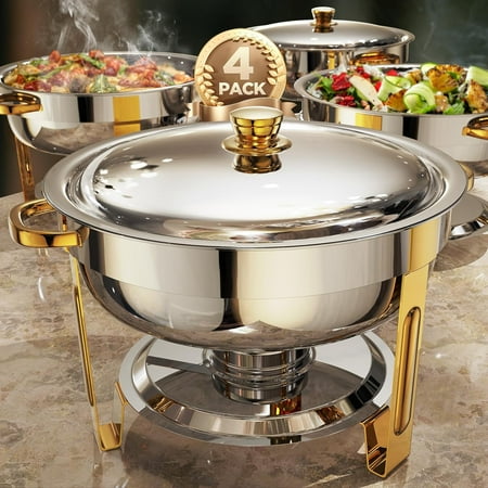 

Chafing Dishes for Buffet 4 Pack 5QT [Worry-Free Assemble] Round Chafing Dish Buffet Set [Elegant Gold and Silver Colors] Stainless Steel Chafers and Buffet Warmers Sets for Parties with Complet
