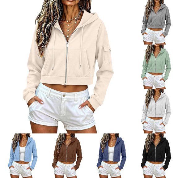 XAOFW Cozy Casual Zip Up Hoodie Women Solid Color Long Sleeve Cropped Hooded Sweatshirts Autumn Winter Loose Fit Hoodies With Pockets Stylish Tops L