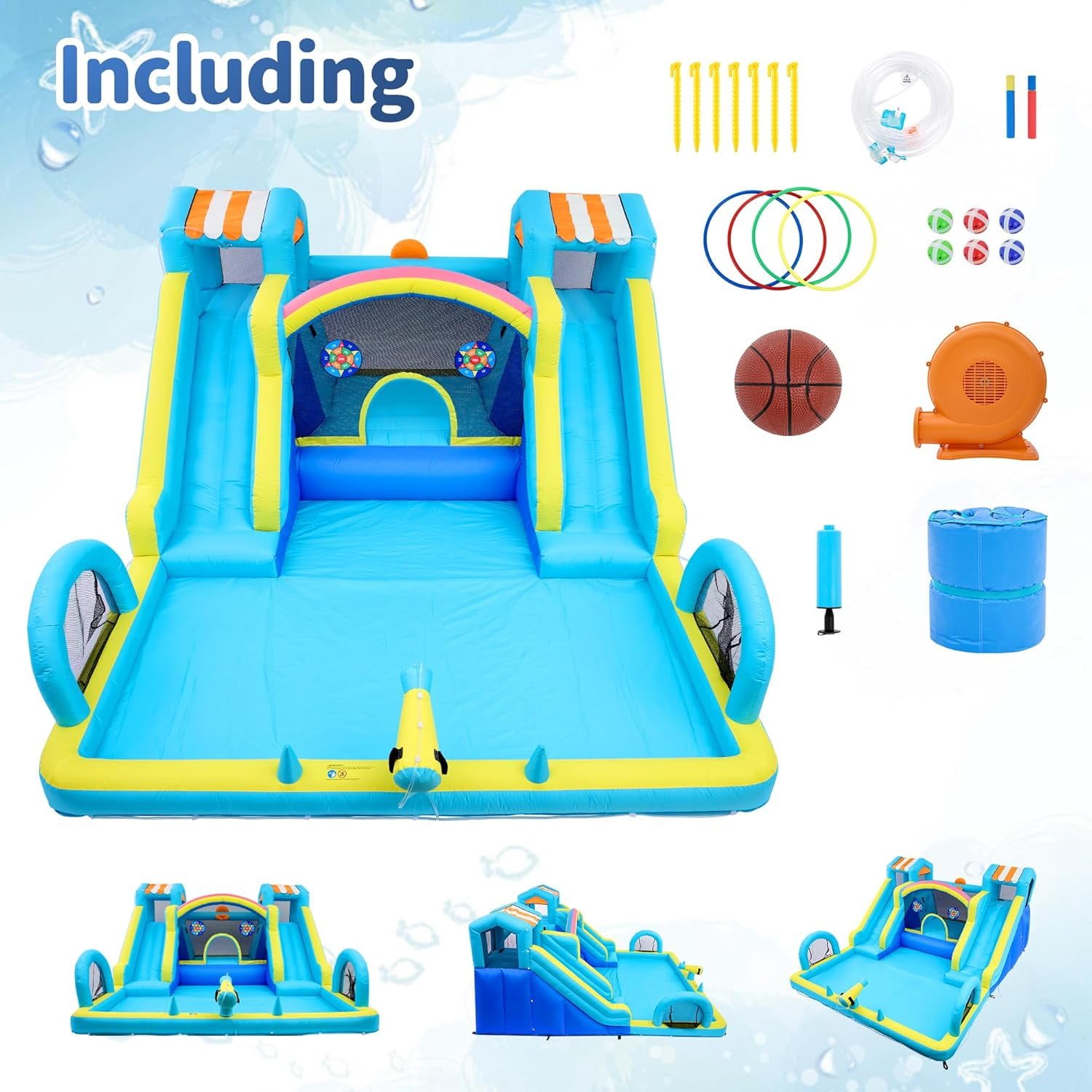 CazToi Inflatable Bounce House with Double Water Slide Oxford Fabric Blower Included Backyard Party