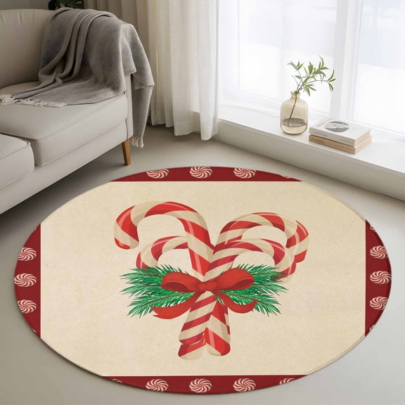 Christmas Round Rug 3ft Washable Circle Entryway Rugs Non Slip Xmas Candy Cane Winter Bow Pine Branch Area Rug Indoor Floor Carpet for Bedroom Kitchen Living Room Home Office Dining Room Nursery