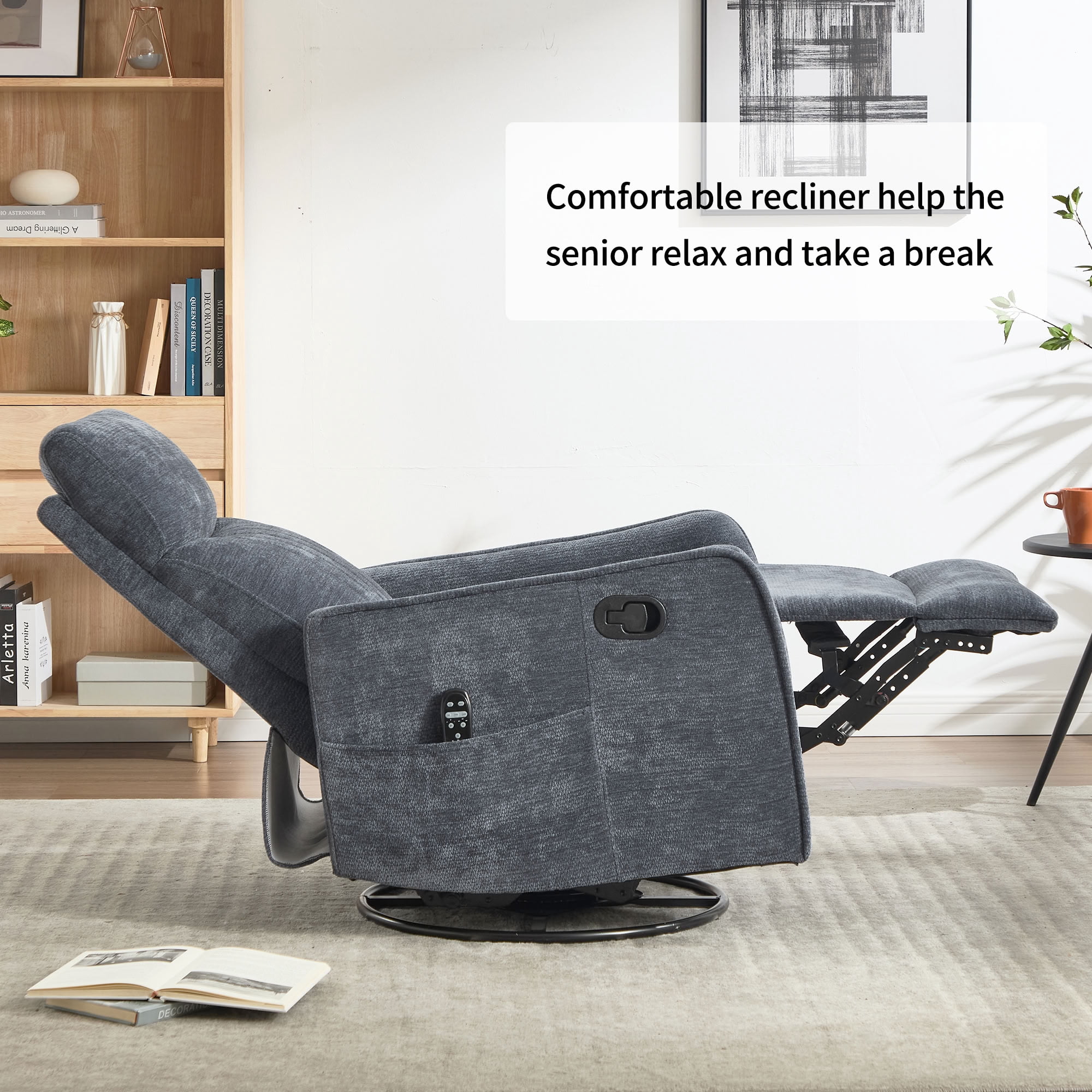 MAYEERTY Chenille Swivel Rocker Recliner Chair, Manual 155° Recline Glider Chair with 8-Point Vibration Massage & Lumbar Heat, for Living Room Nursery Home Office