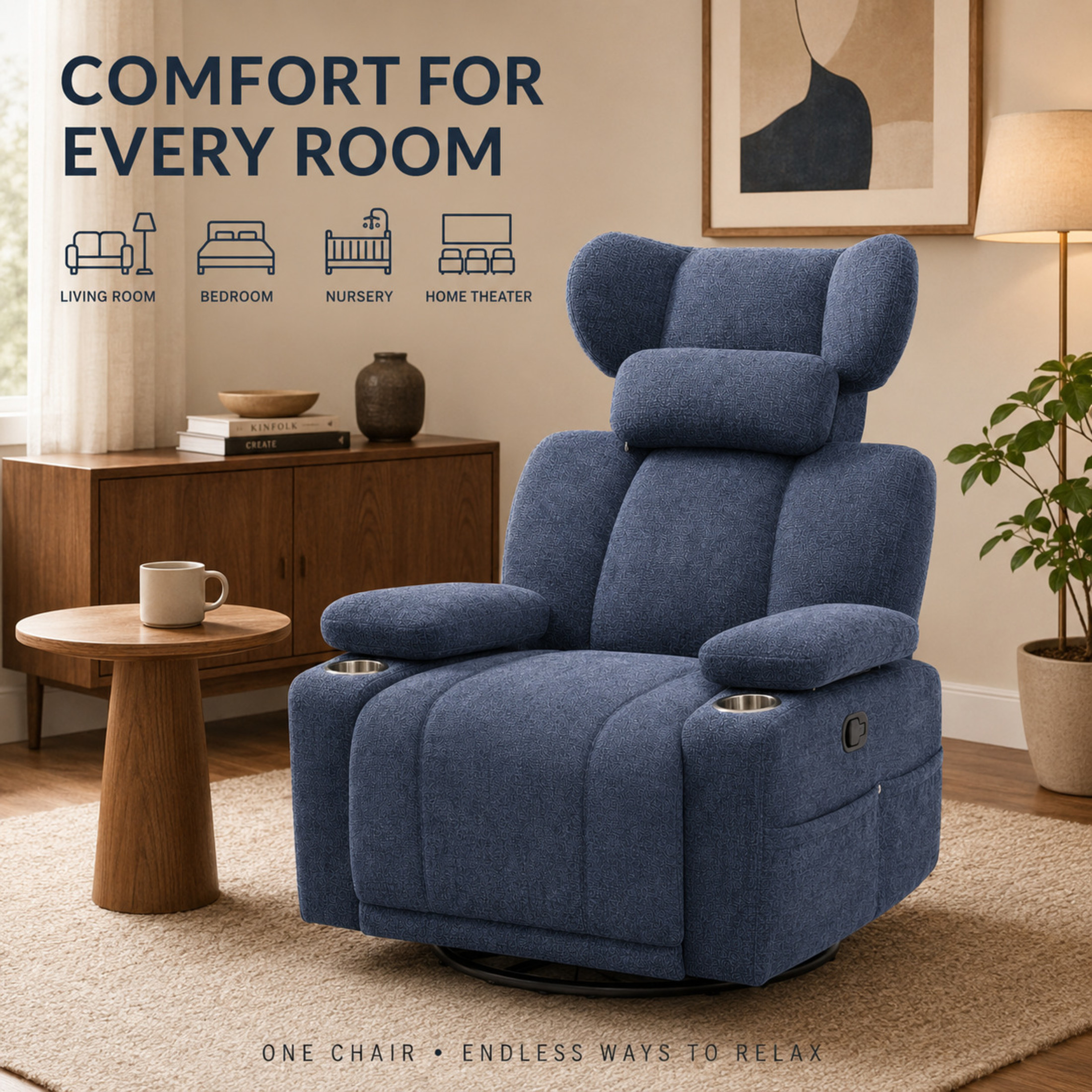 GDF Studio Turden 360° Swivel Manual Rocking Recliner with Detachable Neck Pillow, Versatile Lounge Chair, Blue