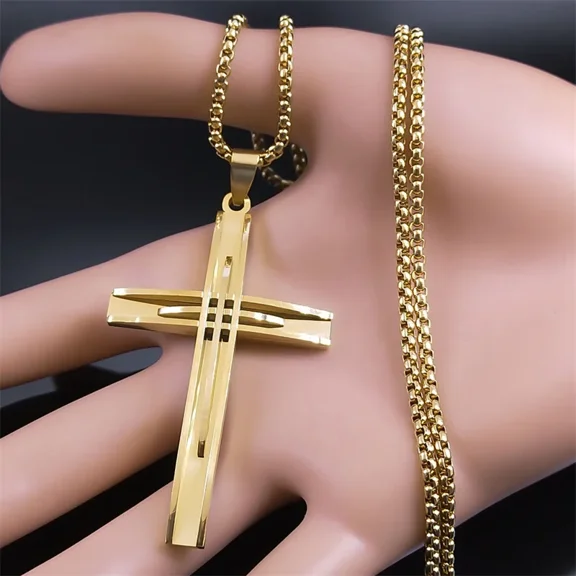 Christian Cross Necklace Women/Men 14K Yellow Gold Religion Jesus Christ Pendant Necklaces Jewery