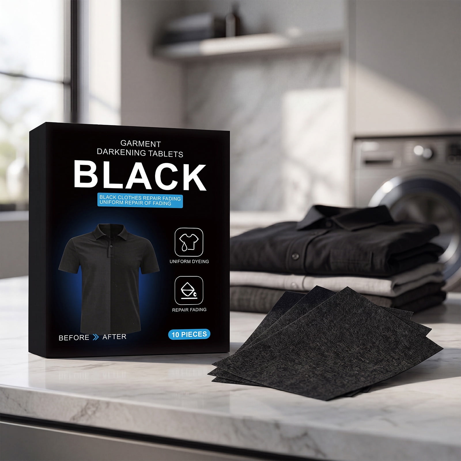 Black Fabric Sheets 10 Count, 2 in 1 Color Restoration & Fabric Refresher, Dark Clothing Brightener & Darkening Film for Washer, Non-Woven Laundry Sheets for Faded Clothes, Top & Front Load