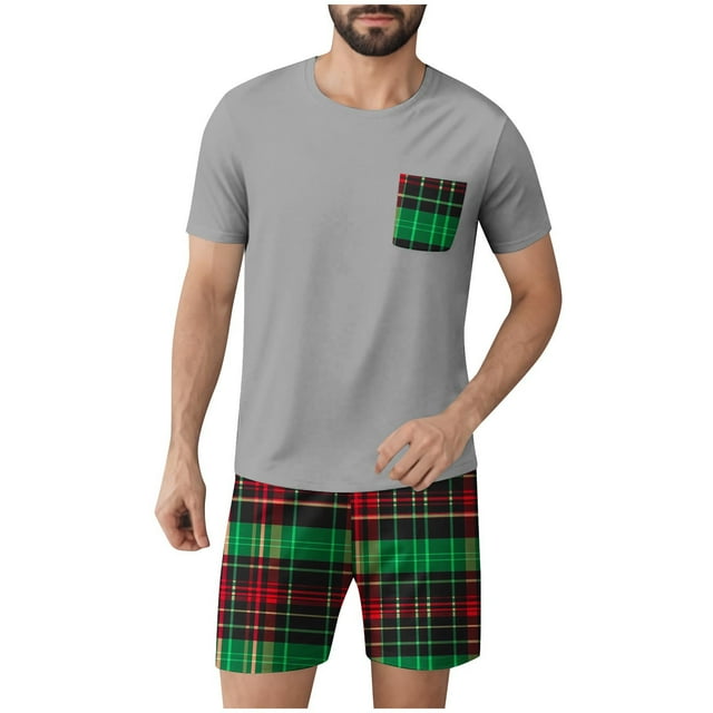 Mens Slim Fit Manga Corta Botón Abajo Camisas Cuello Redondo Impresión Set Deportivo, Cintura Elástica Traje Casual