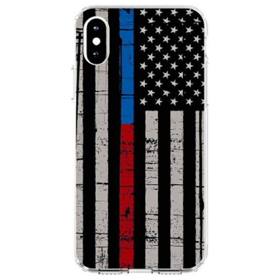 DistinctInk Clear Shockproof Hybrid Case for iPhone XR (6.1" Screen) - TPU Bumper, Acrylic Back, Tempered Glass Screen Protector - Thin Blue Line Thin Red Line US Flag - First Responders
