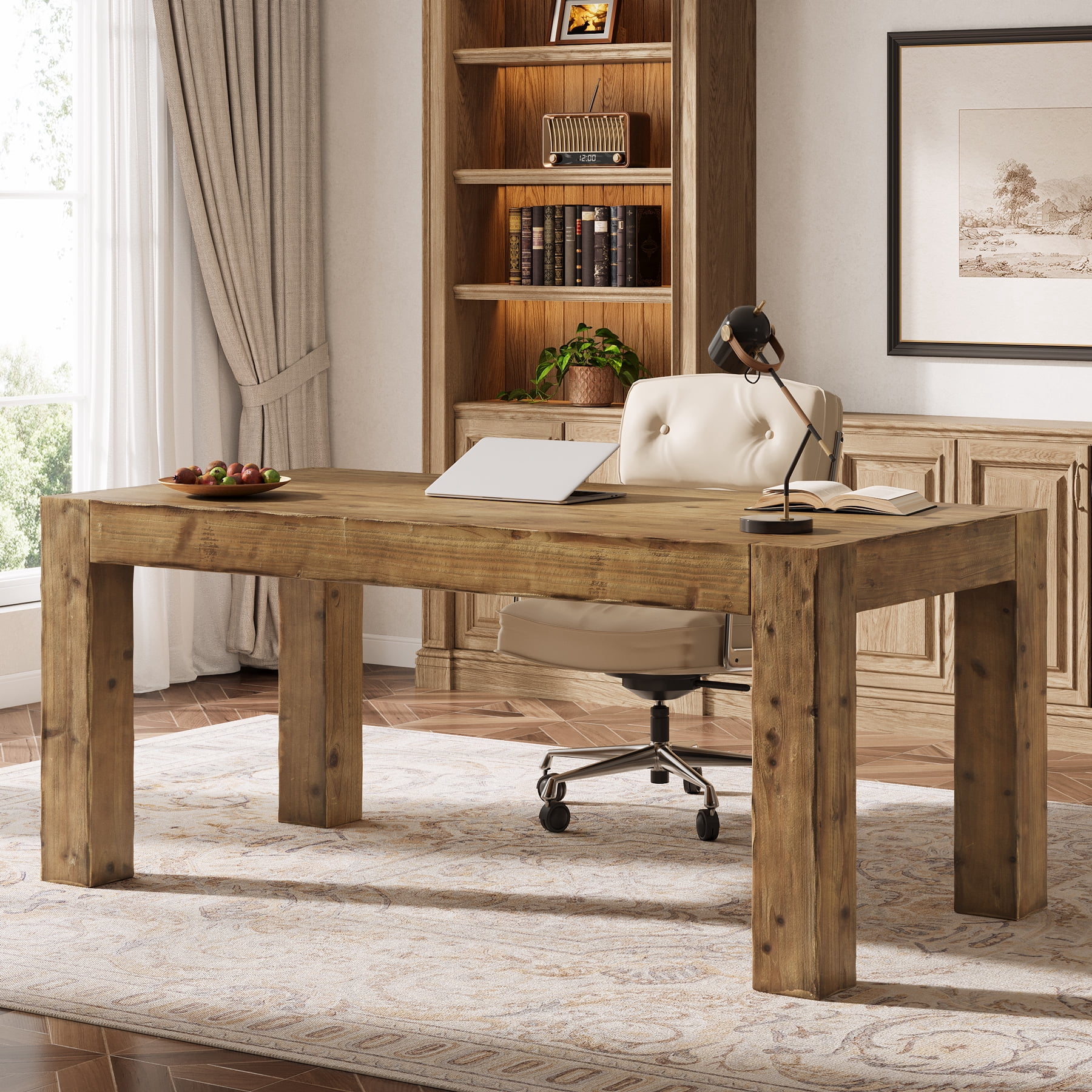 Tribesigns Solid Wood Executive Desk, 63-Inch Real Wooden Home Office Computer Desk, Farmhouse Writing Study Table Business Workstation for Home Office, Brown