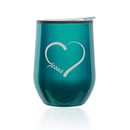 

Stemless Wine Tumbler Coffee Travel Mug Glass with Lid Love Heart Jesus (Turquoise Teal)